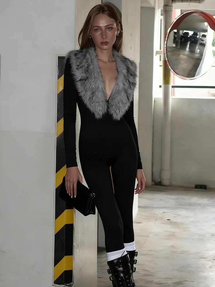 

Weird Puss Sexy Hipster Jumpsuit Woman Furry Collar+Foot Cover Full Sleeve Skinny Midnight Party Club Hipster Fall Overalls