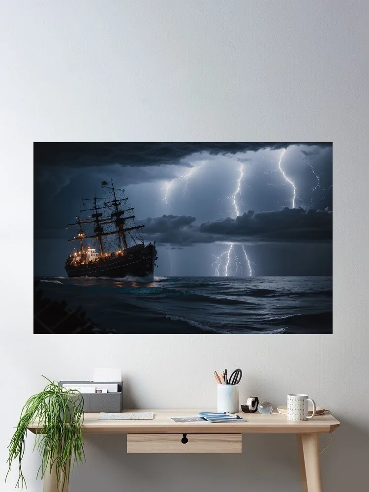 

Thunderstorm, Ocean, The night Ship, Painting Print Art Silk Poster, for Living Room Decoration, Home Wall Decor Picture