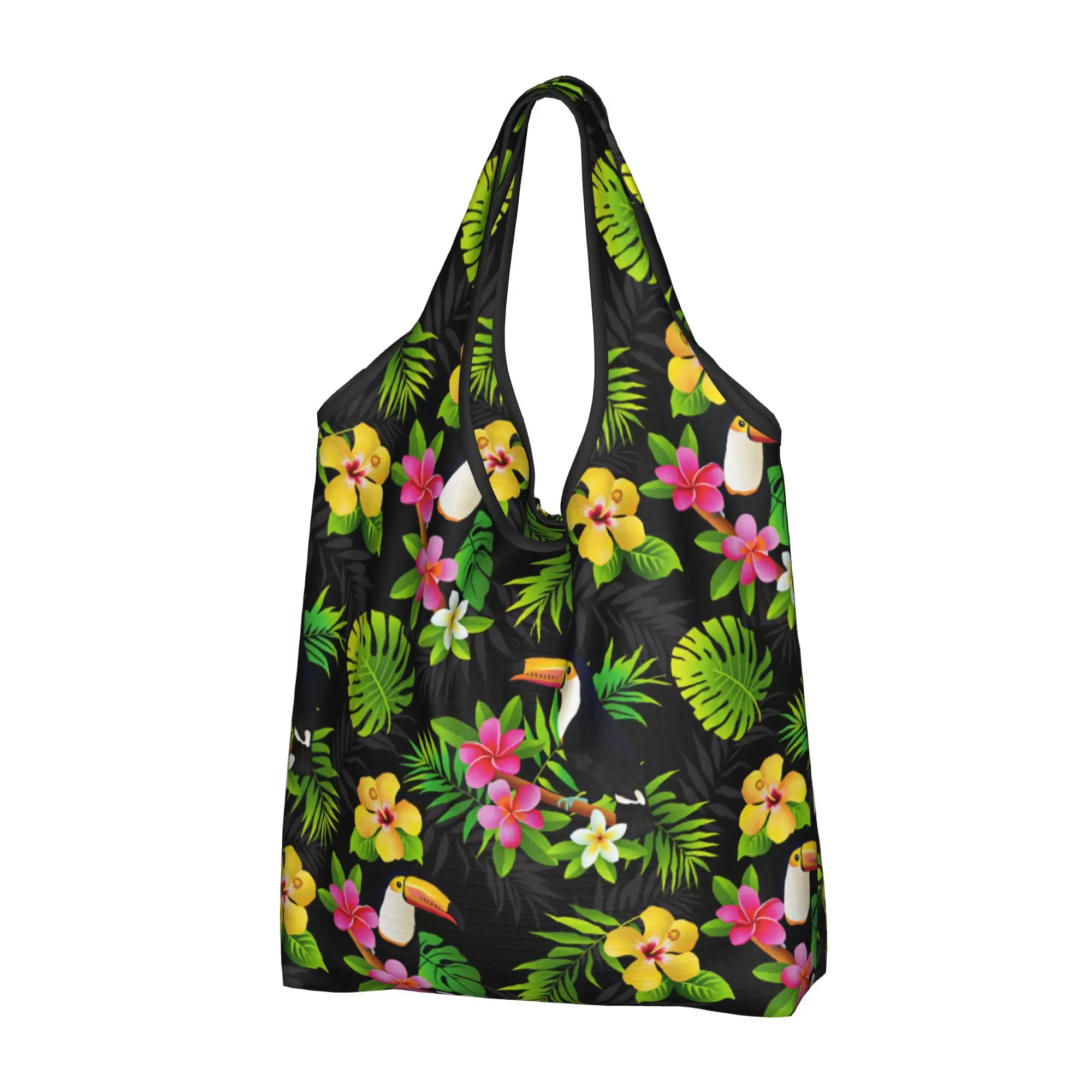 Recycling Tucan Bird Hawaiian Style Palm Monstera Shopping Bag Women Tote Bag  Tropical Plants And Flowers Grocery Shopper Bags
