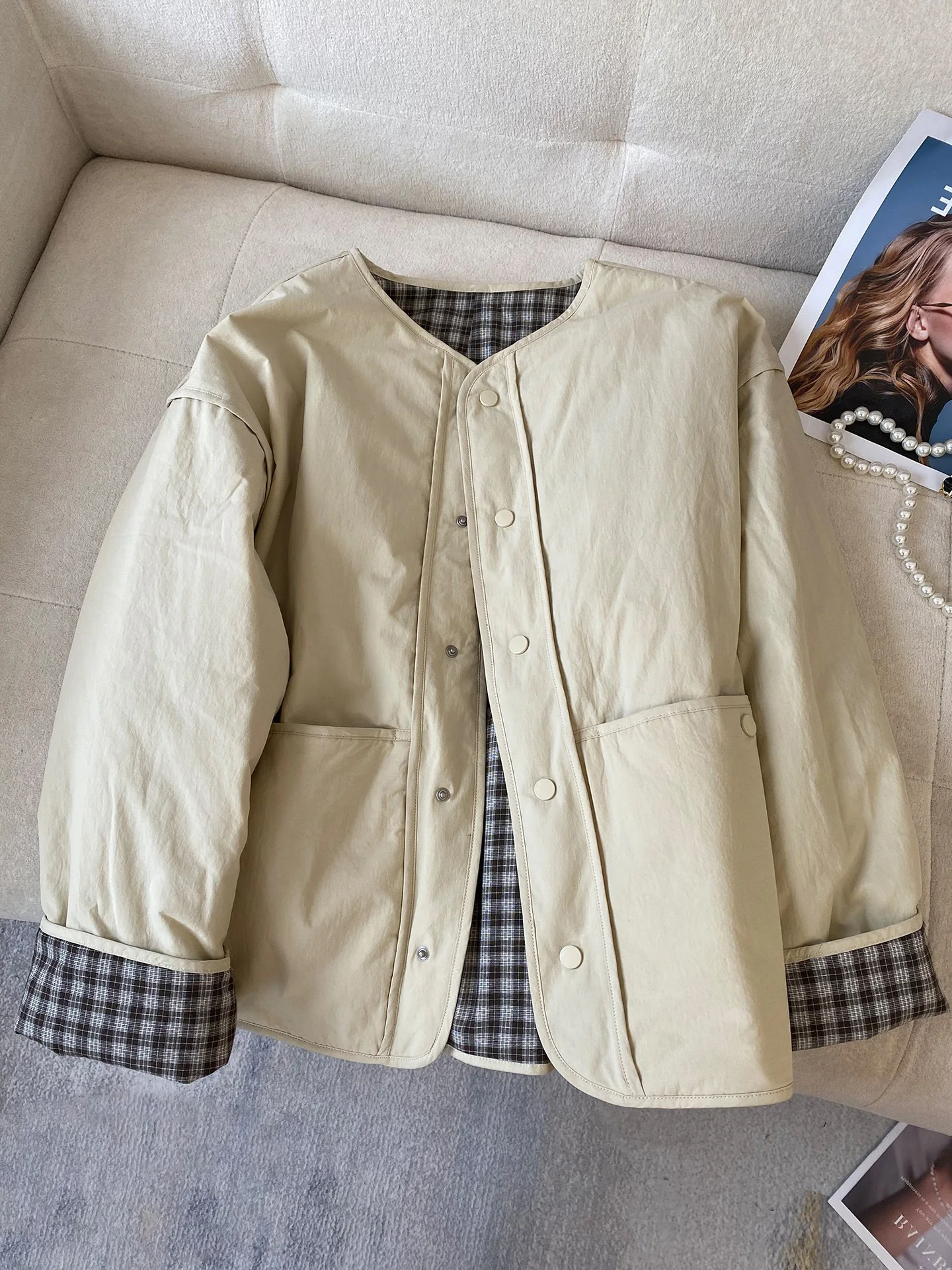 

Японский дизайн, клетчатый узор, комбинированное хлопковое пальто свободного кроя с круглым вырезом, женское, осенне-зимнее, легкое, из хлопка