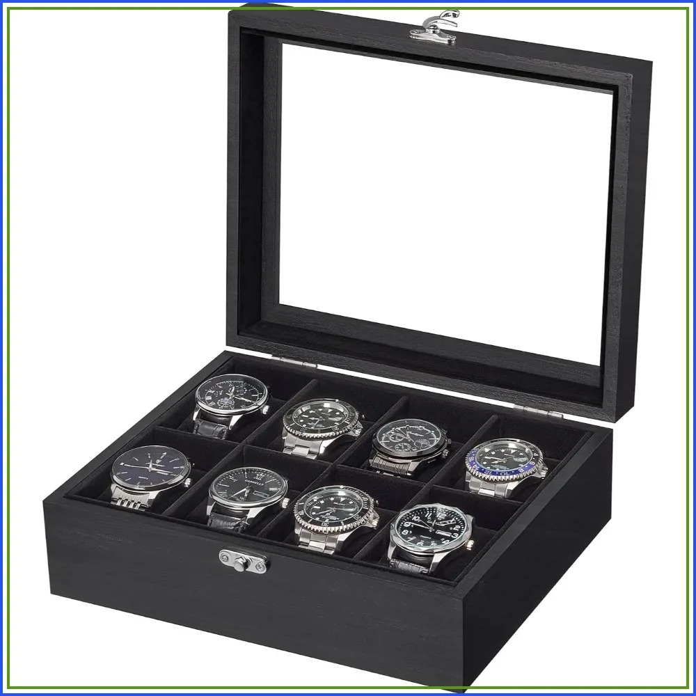 8-Slot Wooden Watch Display Case with Glass Lid - Dustproof Storage Box for Men's Wristwatches, Anniversary Birthday Gift for Men Women - Black