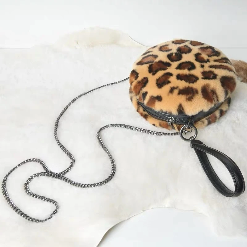 

New Women's Fur Crossbody Bag Rex Rabbit Fur Luxury Leopard Print Handbag Women's Temperament Fur Round Bag