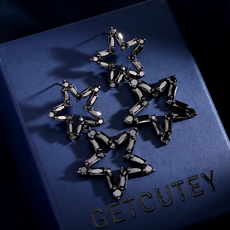 

s925 Silver Needle Exaggerated Earrings, Trendy star earrings, Niche French retro black Zircon Double Five-pointed Star earrings