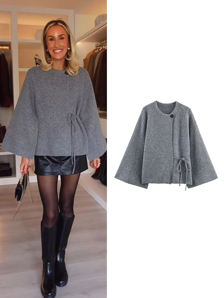 

Осень 2024, женские однотонные свитера на шнуровке с круглым вырезом, кардиган, зимний шикарный вязаный кардиган с длинными рукавами и разрезом, повседневная свободная теплая верхняя одежда