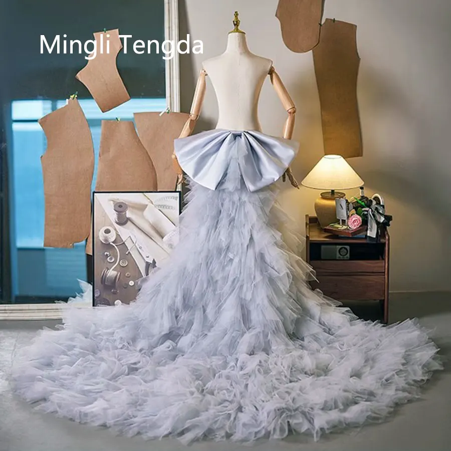 Mingli Tengda Silver Tulle Overskirt Detachable Train Mesh Removable Skirt Women Custom Made Petticoat with Bow Underskirt