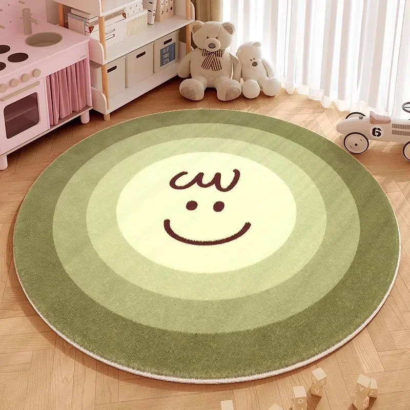 Pastel Green Round Kids Rug with Smiley Face Pattern Soft Kids Carpet for Childrens Room Playmat Non-Slip Floor Decor