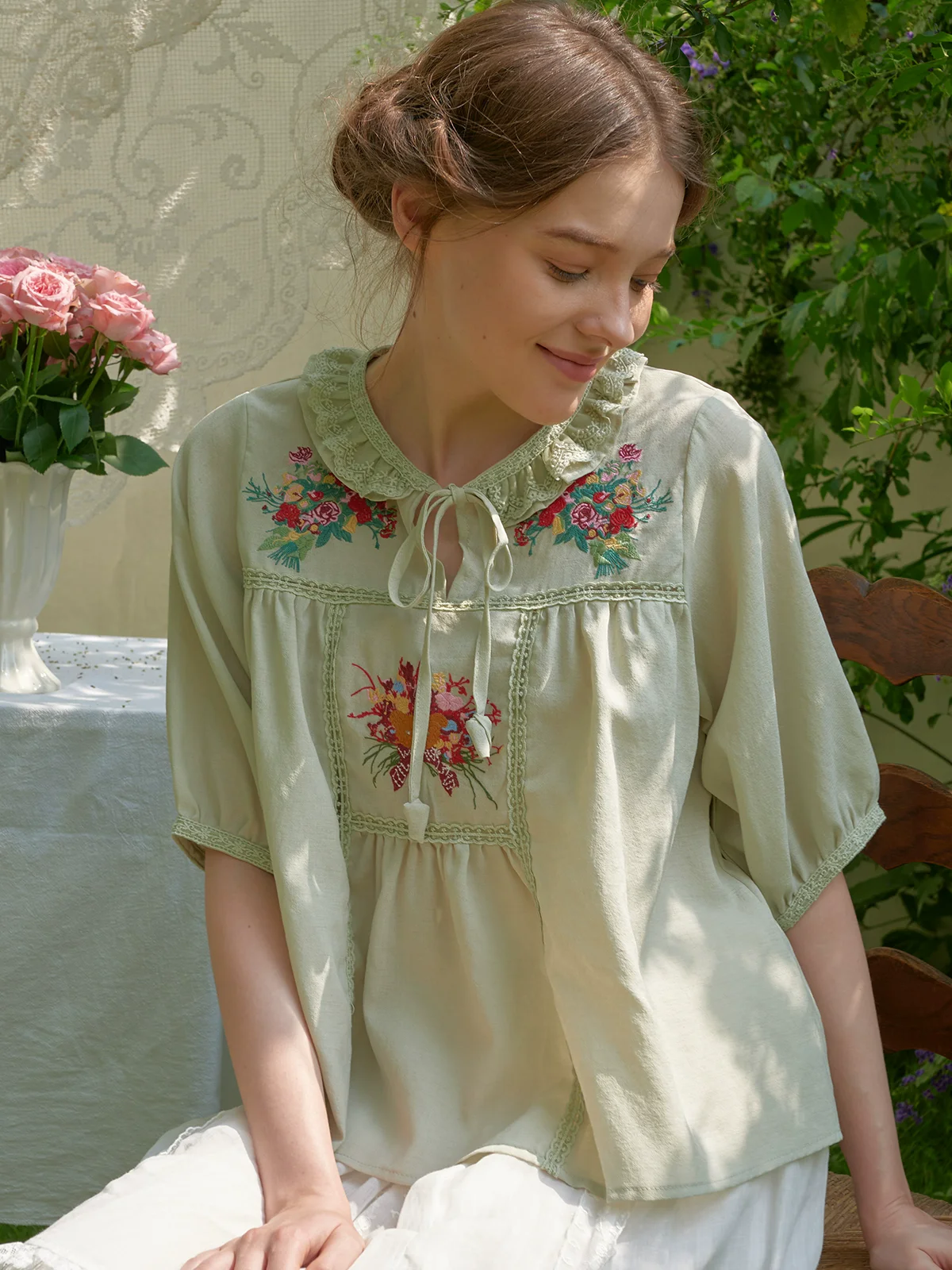 

Spring Summer Women Forest-style Embroidery, Cute Lace Collar, Bow Tie, Matcha Green, Apricot, Loose Blouse/Shirts