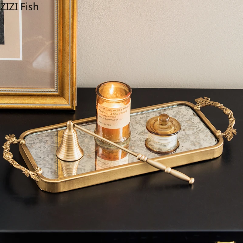 

Golden Mirror Glass Tray Decorative Branch Storage Trays Dressing Table Jewelry Necklace Display Plate Cosmetics Organizer