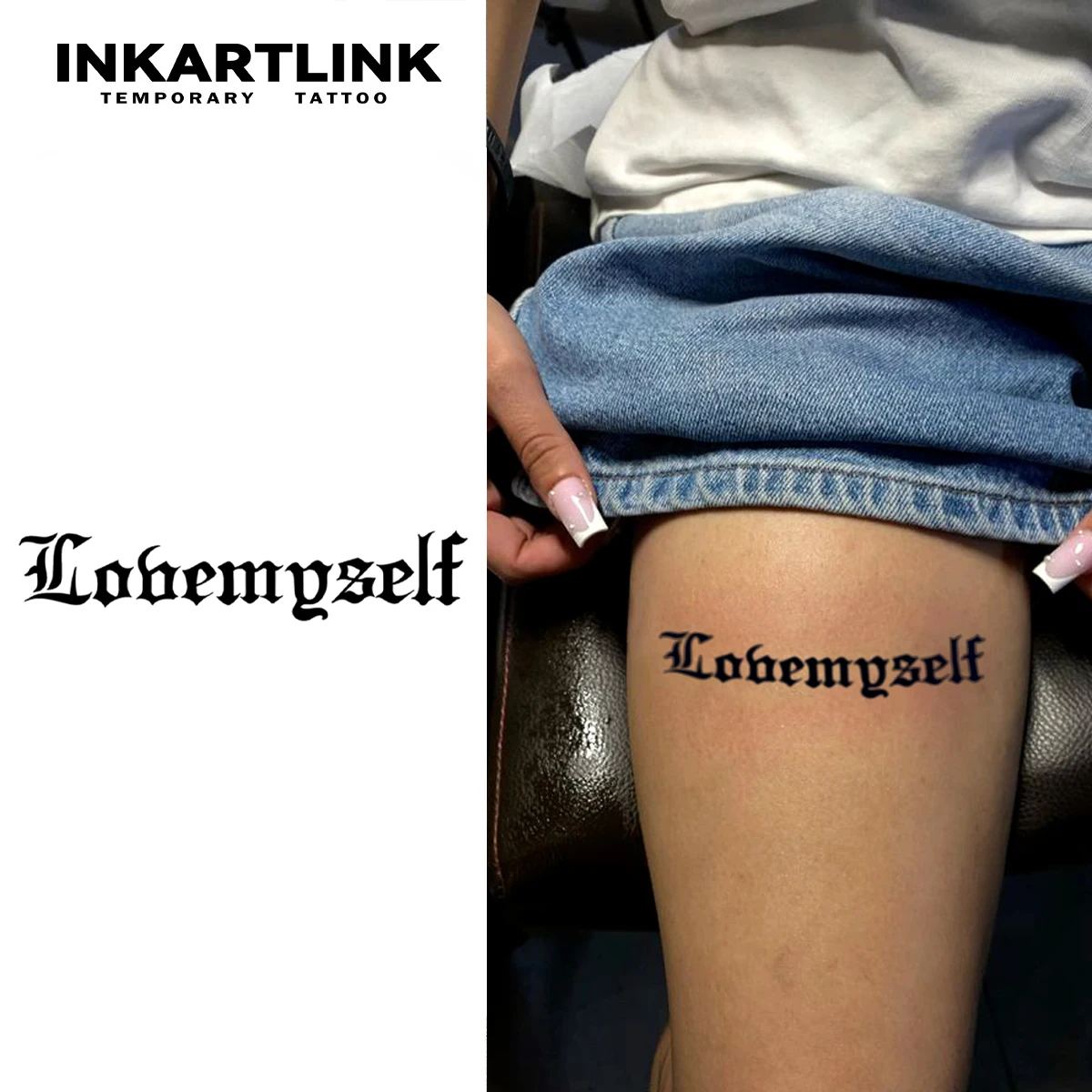 INKARTLINK Gothic English Tattoo Patch 1-2 Weeks Long Lasting 'LOVE MYSELF' Retro Font Waterproof Temporary Tattoo