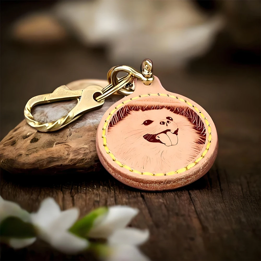 Custom Lether Keychain for Pet,Engraved Round Tag Keyrings,Gold Metal Ring,Handmade Bag Pendant,Personalized Memorial Gift