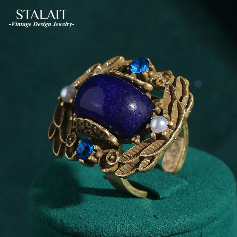 

Vintage Retro Rings Antique Gold Color Leaf Square Blue Natural Stone For Woman Pearl Rhinestones Luxury Quality Jewelry 2025