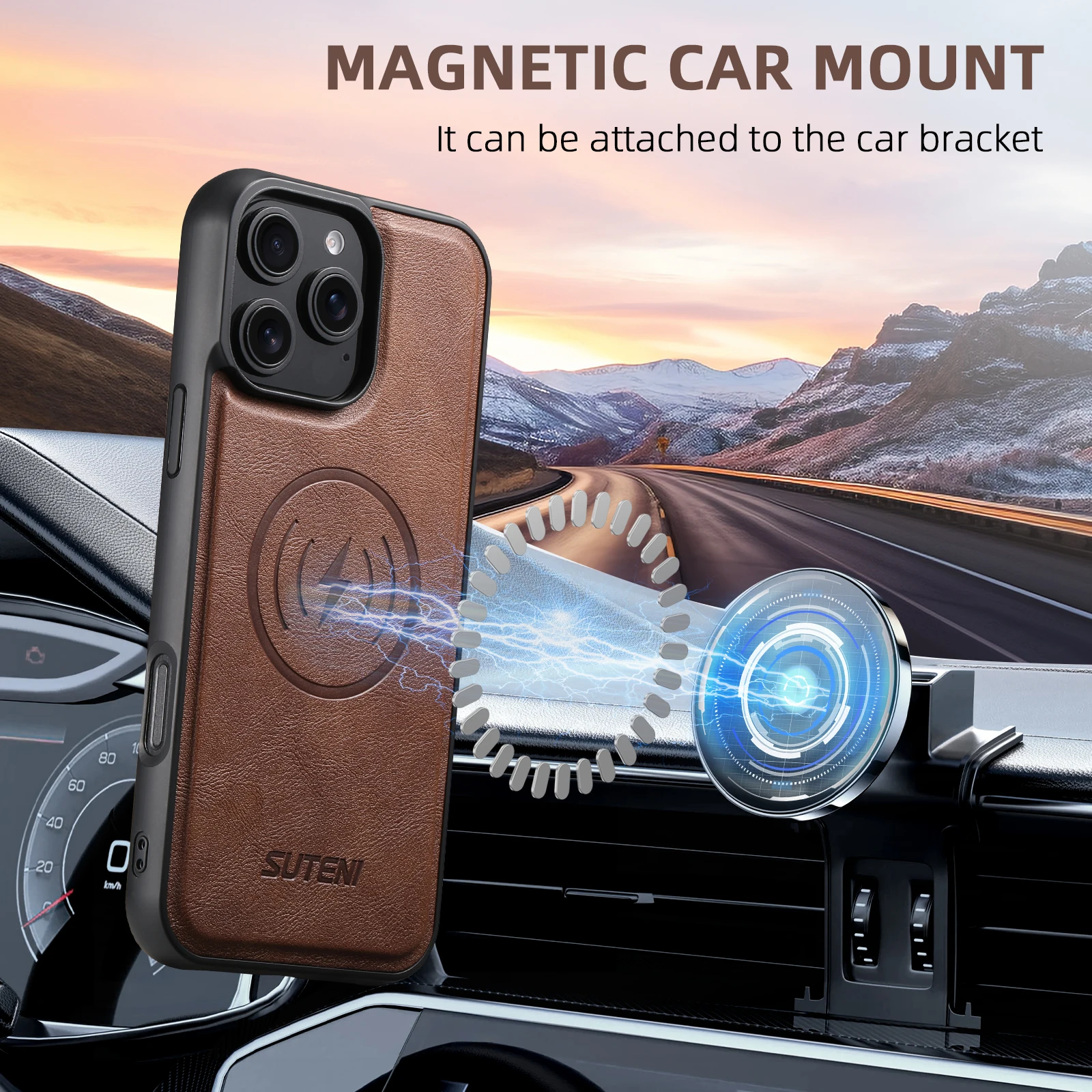 SUTENI Mattierte Kunstleder-Handyhülle mit Magnet und kabelloser Ladefunktion für iPhone 18 Pro Max 17 Air 16 Plus 15 14 Pro 13 12 – Detail 2