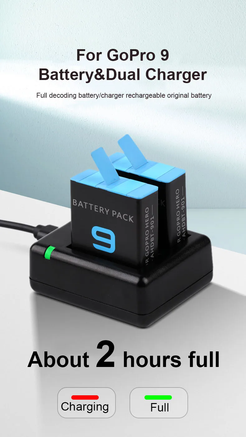 Anjielosmart Full Decode Gopro 배터리 팩 + GoPro Hero 9 배터리 용 마이크로 USB/Type-C 듀얼 충전기 Gopro 카메라 액세서리