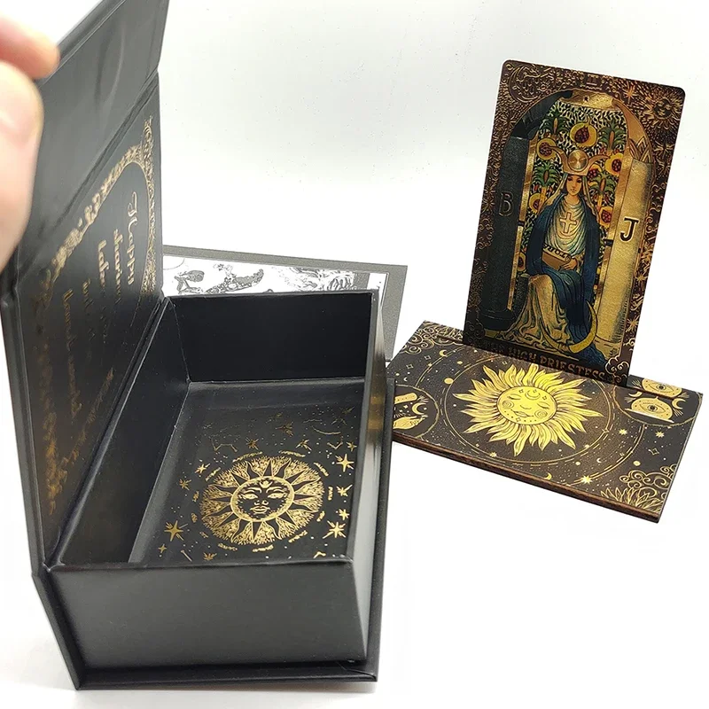 Cartas de tarô de folha de ouro divinativas com acabamento luxuoso fantástico conjunto de jogos de tabuleiro para preditivos com suporte de cartão