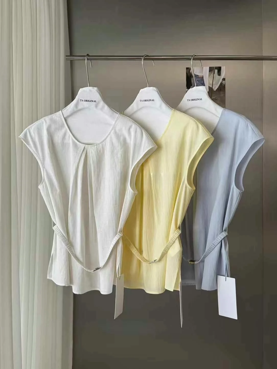 

Korean Sle round Ne Svel irt Women's Summer Dstring Waist Cinching Vest Top Trendy Polyester Casual irt