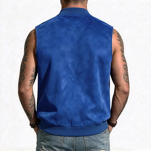 Men's Baseball Collar Suede Zip Up Vest, Solid Color Sleeveless Jacket, Loose Casual Waistcoat With Side Pockets