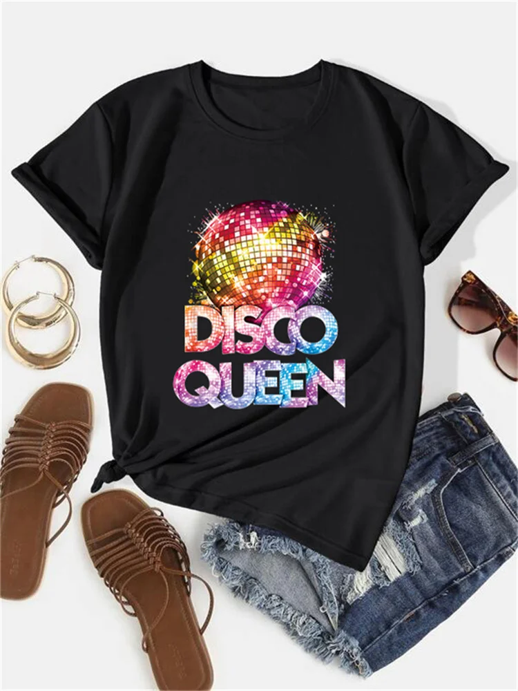 2024 New Women Disco Queen 70's Disco Themed Vintage T-shirt Casual Comfort Round Neck Women's Top Summer