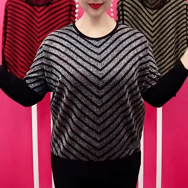 Spring Autumn Women Sweaters Pullovers O-Neck Striped Bright Silk Fashion Casual Loose Long Sleeve Bottoming Shirt Knitted Tops