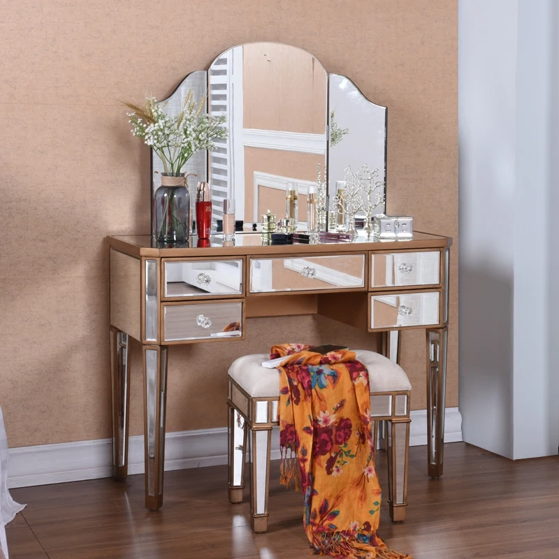 

American New Classical Small Apartment Bedroom Glass Mirror Dresser Solid Wood Paint Storage Dresser Table Dressing Table