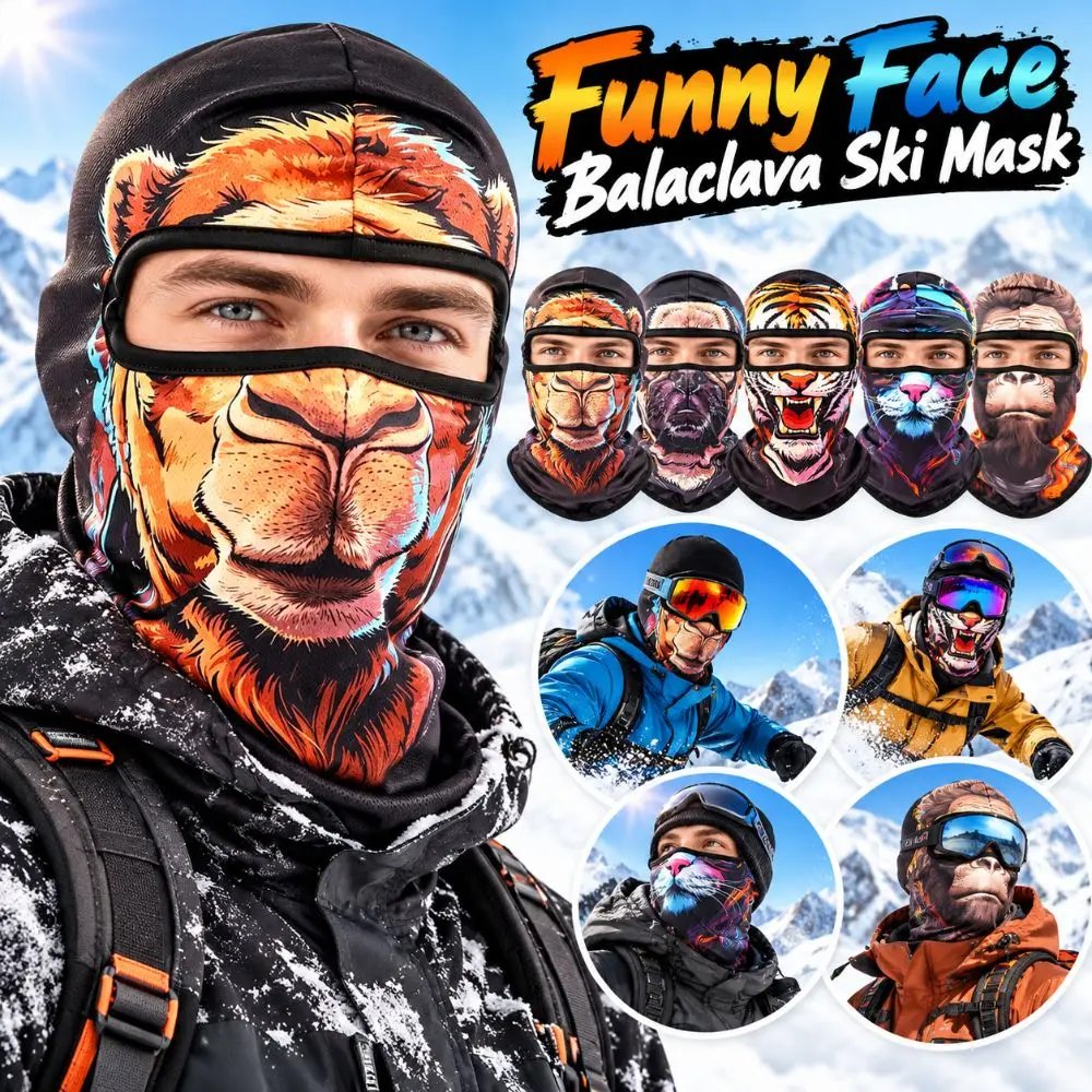 3D Printed Animal Pattern Funny Ski Mask Breathable Eye Hole Quick Dry Balaclava Face Mask Sweat Absorbent Full Coverage