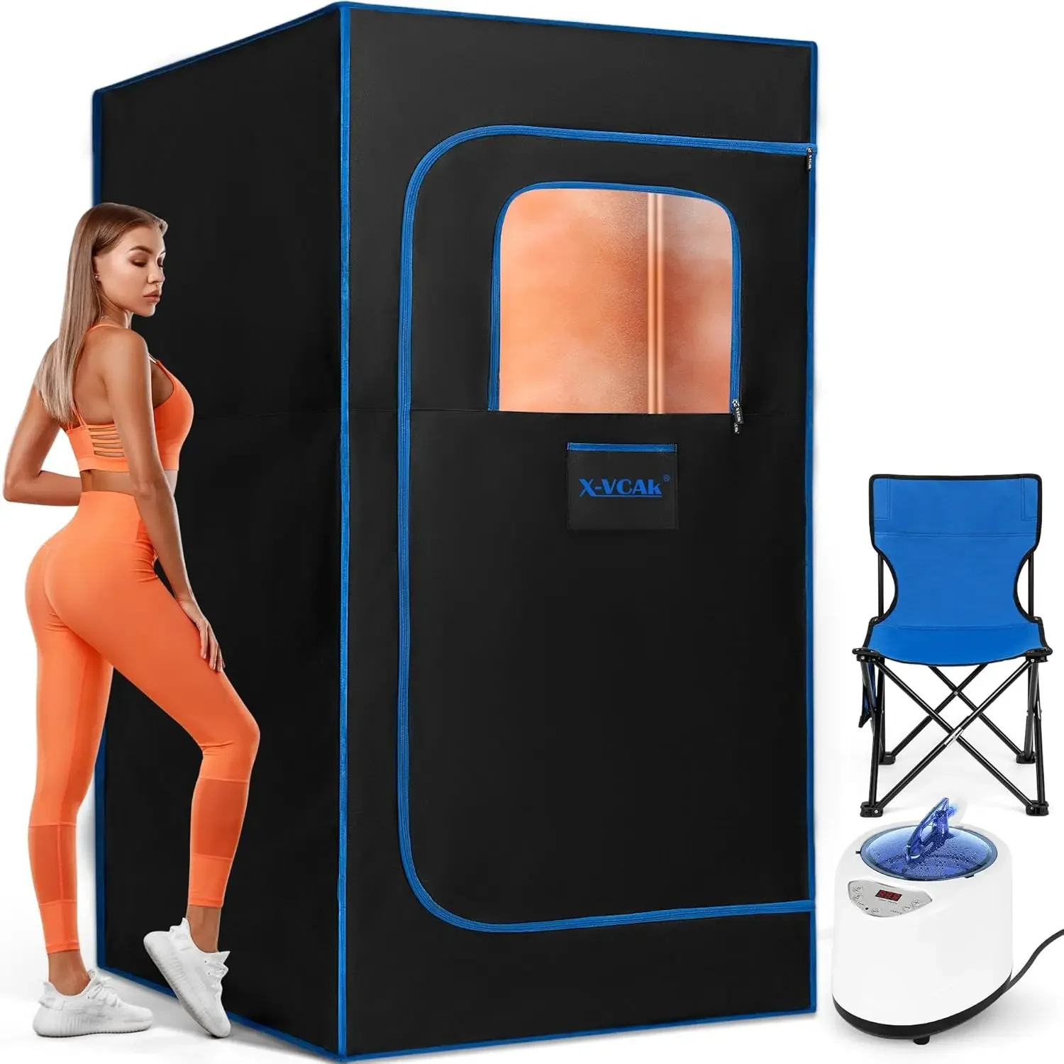 صندوق ساونا محمول، خيمة ساونا بخارية للمنزل مع جهاز بخار وجهاز تحكم عن بعد، كرسي قابل للطي، 9 مستويات، 2.6 بوصة × 2.6 بوصة × 5.9 بوصة