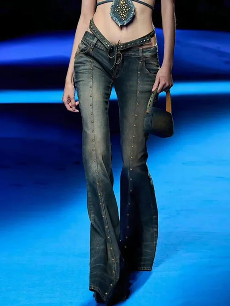 

Distressed Y2K Flared Jeans for Women Low Rise Rivet Stitching Cargo Pants 90S Grunge Vintage Streetwear Denim Trousers