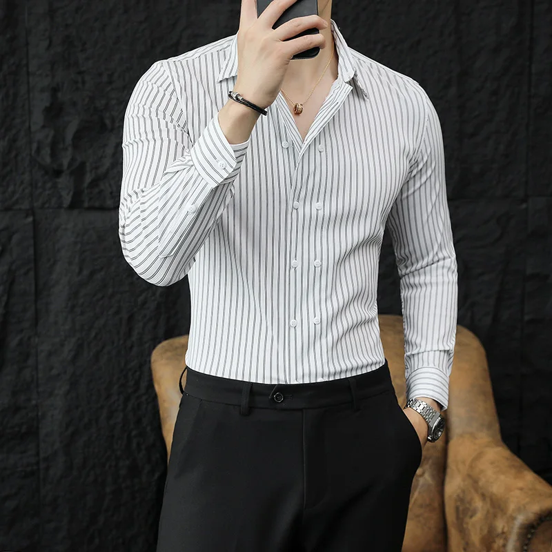 Men Double Breasted Striped Shirt 2024 Spring New Party Evening Dress Formal Shirt Long Sleeved Fashionable Casual Men Clothing