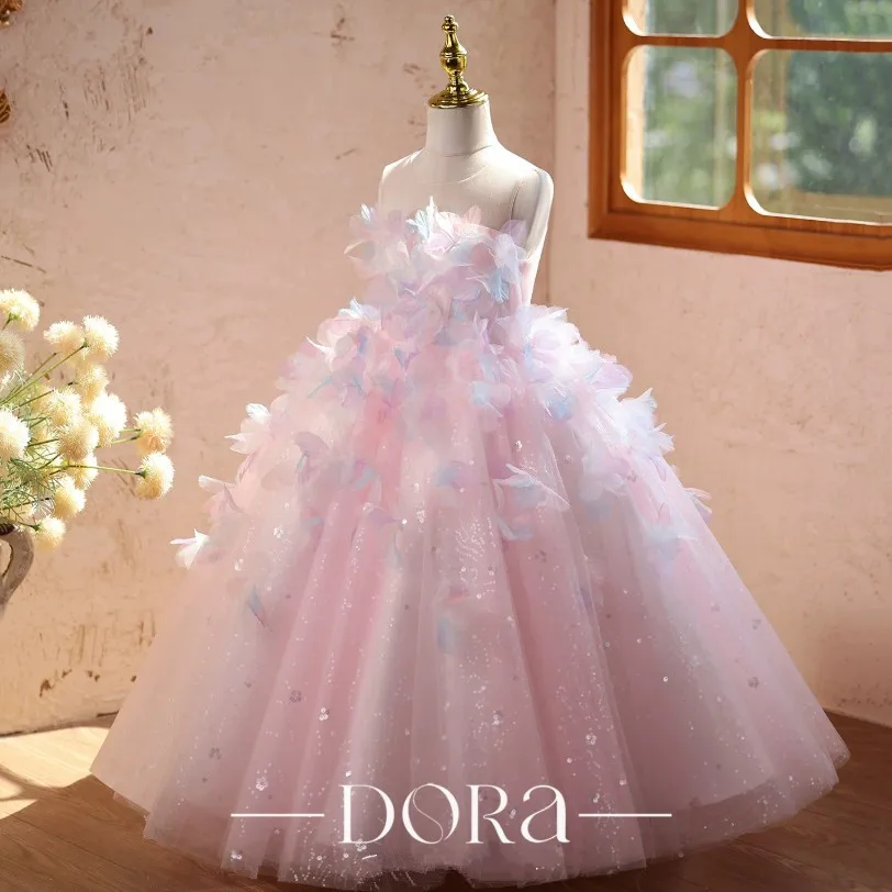 Mädchen-Festkleid Rosa Tüll Bodenlanges Pompöses Kleid Blumenmädchenkleid für Hochzeit Geburtstag Klavier-Aufführung Party A5093 – Detail 4