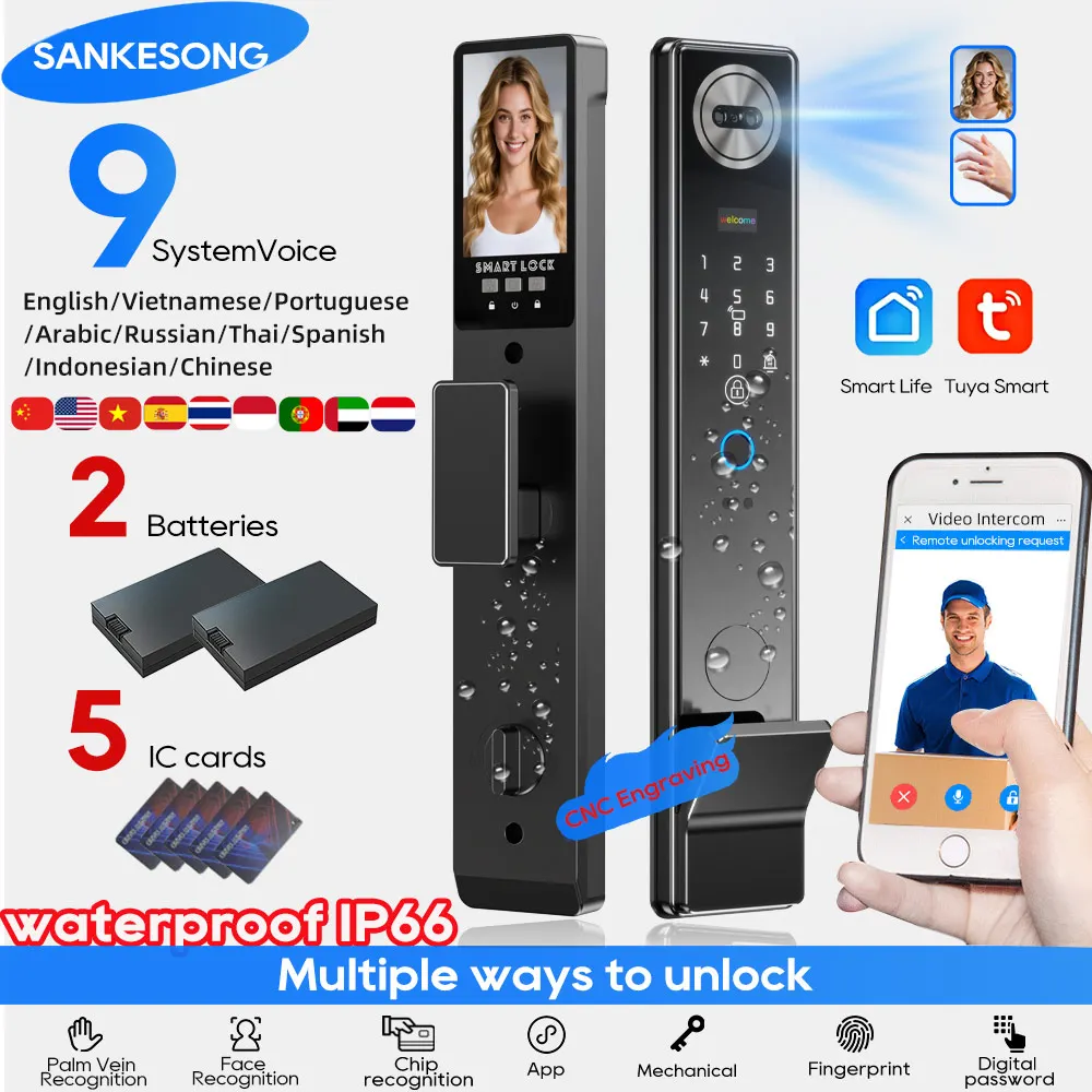 

SANKESONG умный замок, домофон в реальном времени, Wi-Fi камера, отпечаток пальца, интеллектуальная ладонь, 3D распознавание лиц, дверной замок с двойной батареей