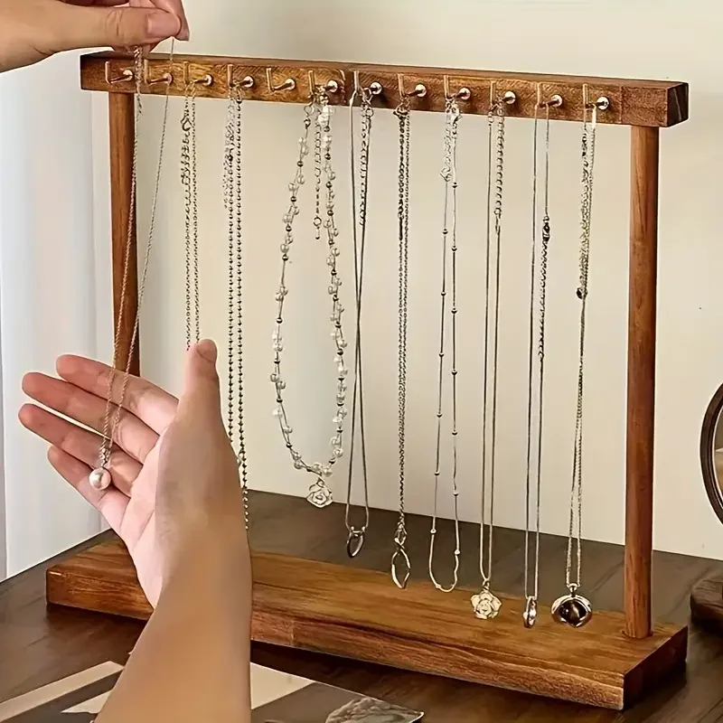 Jewelry Display Stand Height Necklace Holder with 18 Hooks Wood Jewelry Hanger Display with Gold Hooks for Hanging Necklace Brac