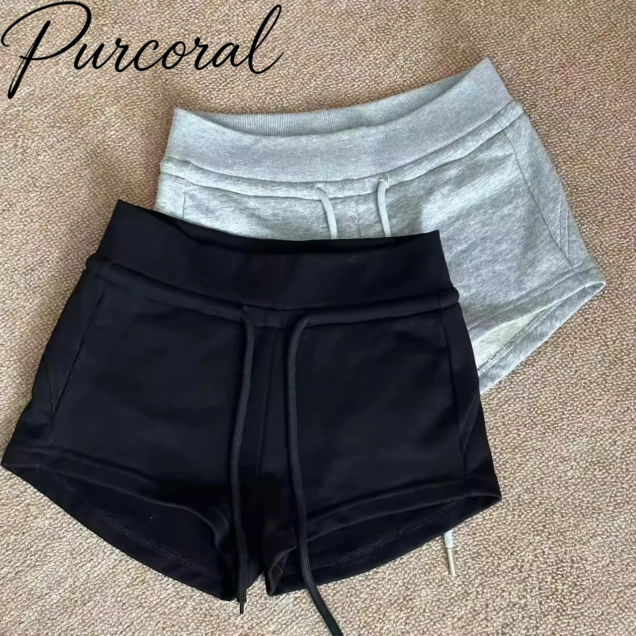 Purcoral Women Solid Sports Shorts High Waist Drawstring Slim Fit Casual Lounge Shorts Ladies Summer Workout Jogger Short Pants