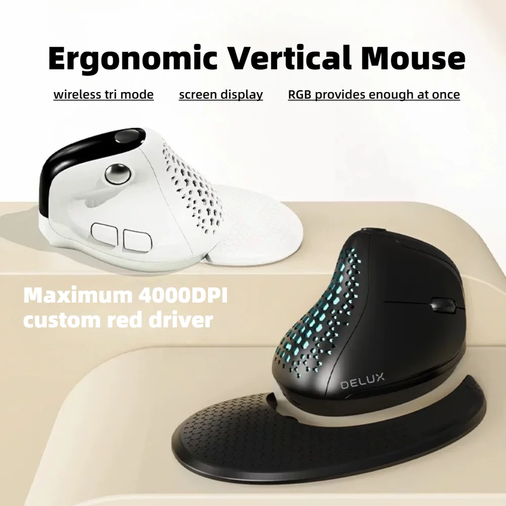 Delux M618XSD Ergonomic Vertical Mouse, Tri-Mode Bluetooth Thumb Scroll Mouse