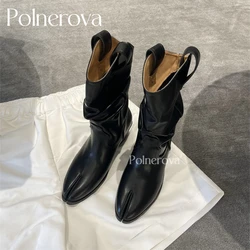 Tabi Calf Boots Suede Western Cowboy Boots Black Leather Pleated Boots for Women Pointed Toe Wedge Heel Winter Fashion Boots