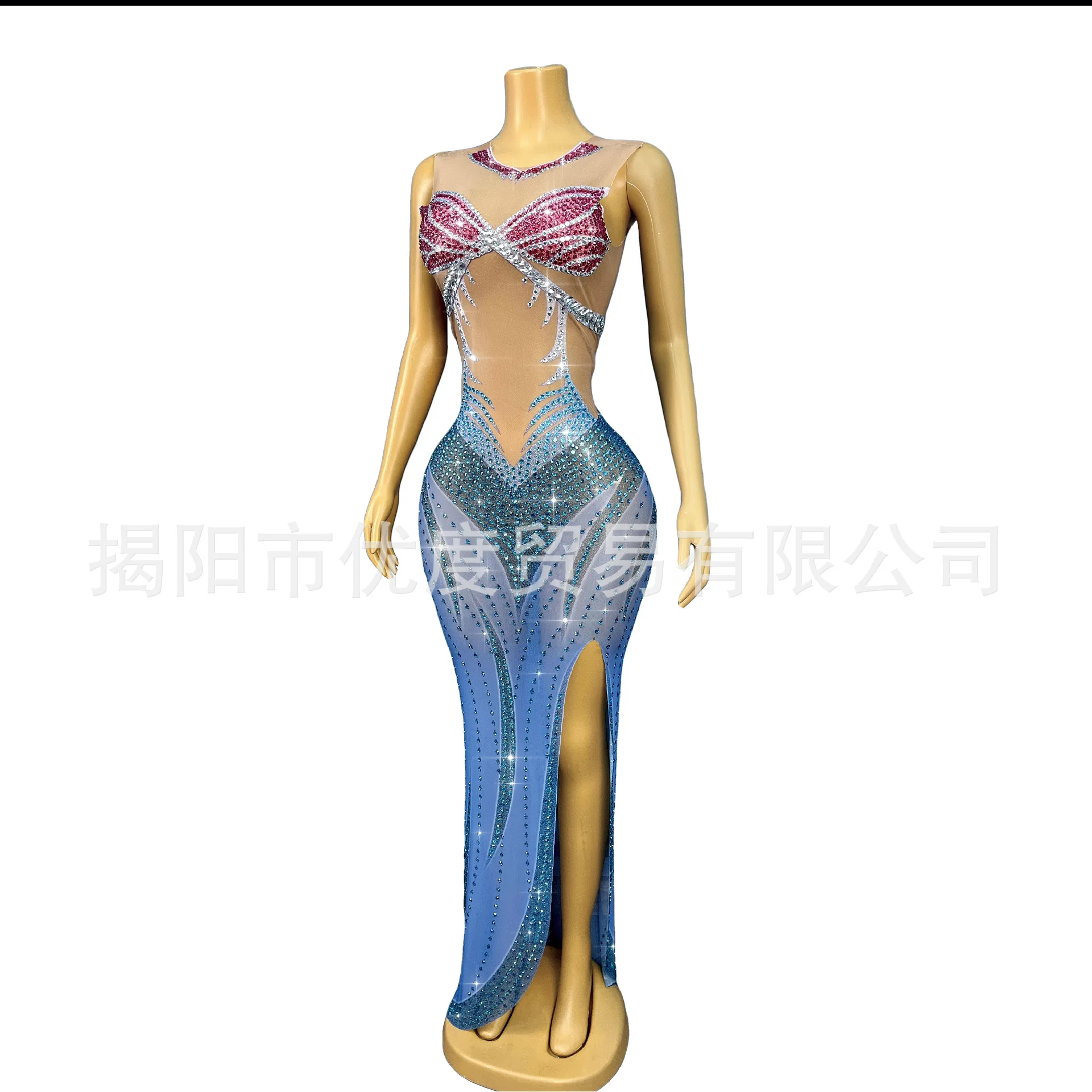 Blue Romantic Mermaid Rhinestone Stretch Dress Singer Dress Birthday Dance Suit Blue Grass Fish damen kleider abendkleid elegant