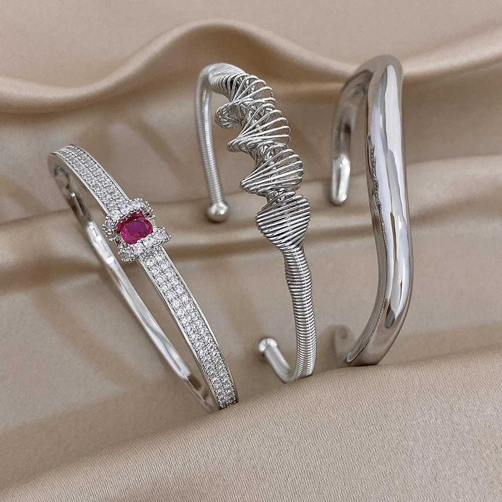 Trendy Silver Color Cuff Bangle Bracelets for Women Irregular Geometric Chunky Stackable Bracelet Jewelry Gifts