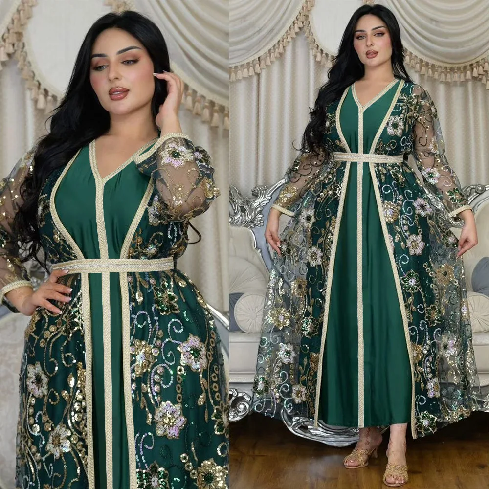 Women's Clothing Muslim Fashion Abaya Fashionable Floral Spring New Arrival Glitter Ribbon Robe