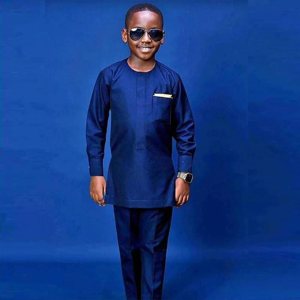 New Dashiki African Style Kids Wedding Suits for Boys 2 Piece Suit Solid Color Pocket Top and Pants Sets for Children Clothing