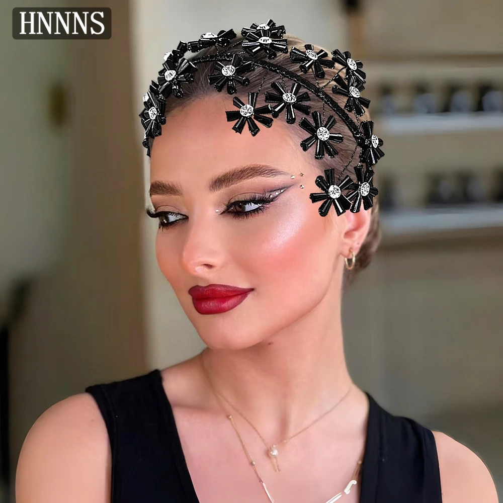 

HNNNS Fashion Handmade Black Beaded Headband Sparkling Crystal Braided Hair Tiara Crown Exquisite Hair Accessorie Gifts A404