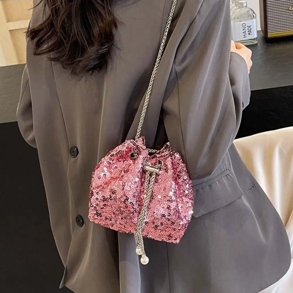 Casual Shiny Evening Banquet Bag Handbag Small Purse Tassel Crossbody Bag Metal Chain Mini Bucket Bag Party