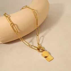 WILD & FREE 18K Gold Plated Stainless Steel Geometric Pendant Necklace for Women Chubby Chain OT Buckle Waterproof Jewelry