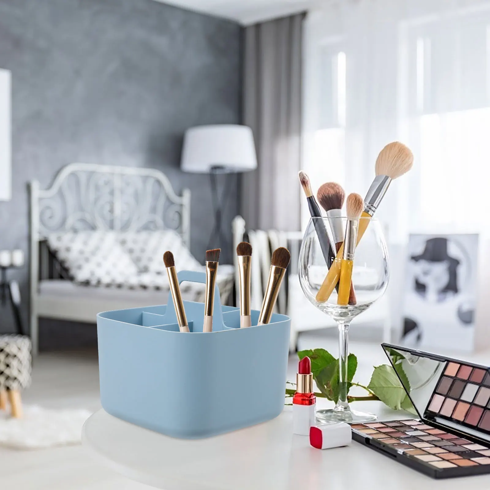 

Divided Storage Basket Handle Storage Box Four Compartments Large Organizer for Home Stationery Art Supplies Desktop Tool Holder