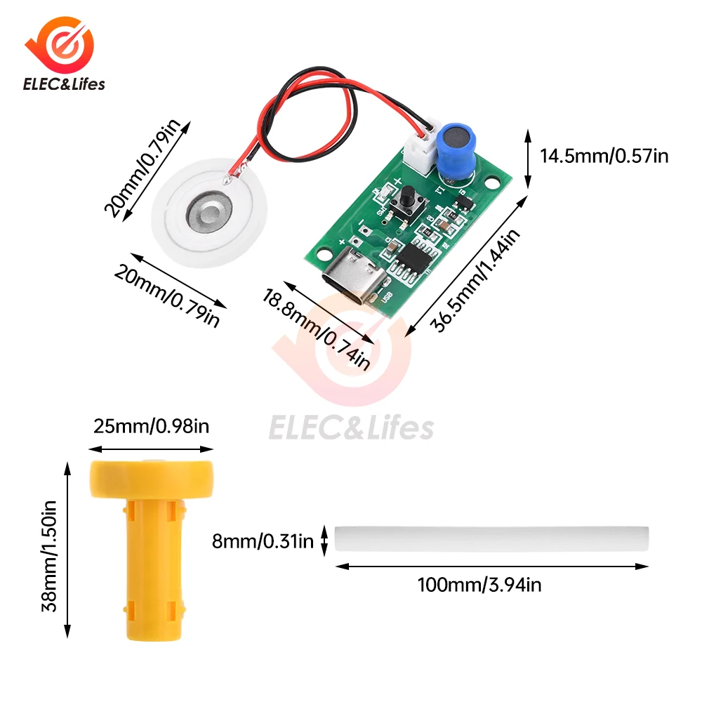 Módulo humidificador de atomización ultrasónica de un solo pulverización DC 5V, accesorios de pulverización, Kit de humidificación DIY con soporte USB tipo c