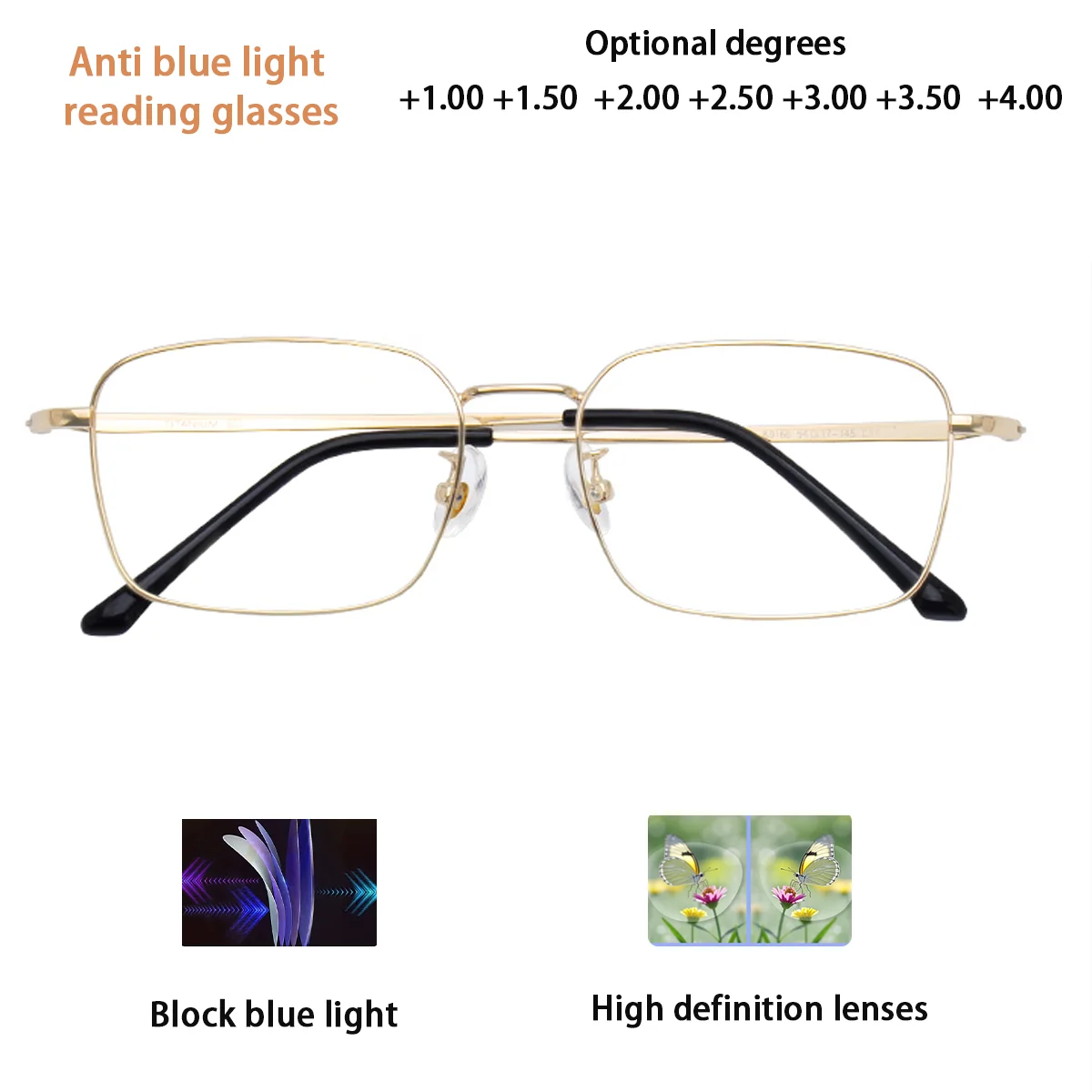 

Fytoo Gold Titanium Anti - Blue Light Reading Glasses Unisex Fashion Presbyopic Eyeglasses 89166JS