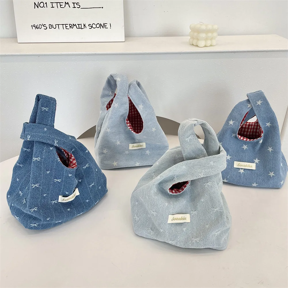 

Girl Cute New Denim Handbag Portable Storage Outward Wrist Bag Color Contrasting Red Grid Handbag Women Cowboy Small Square Bag