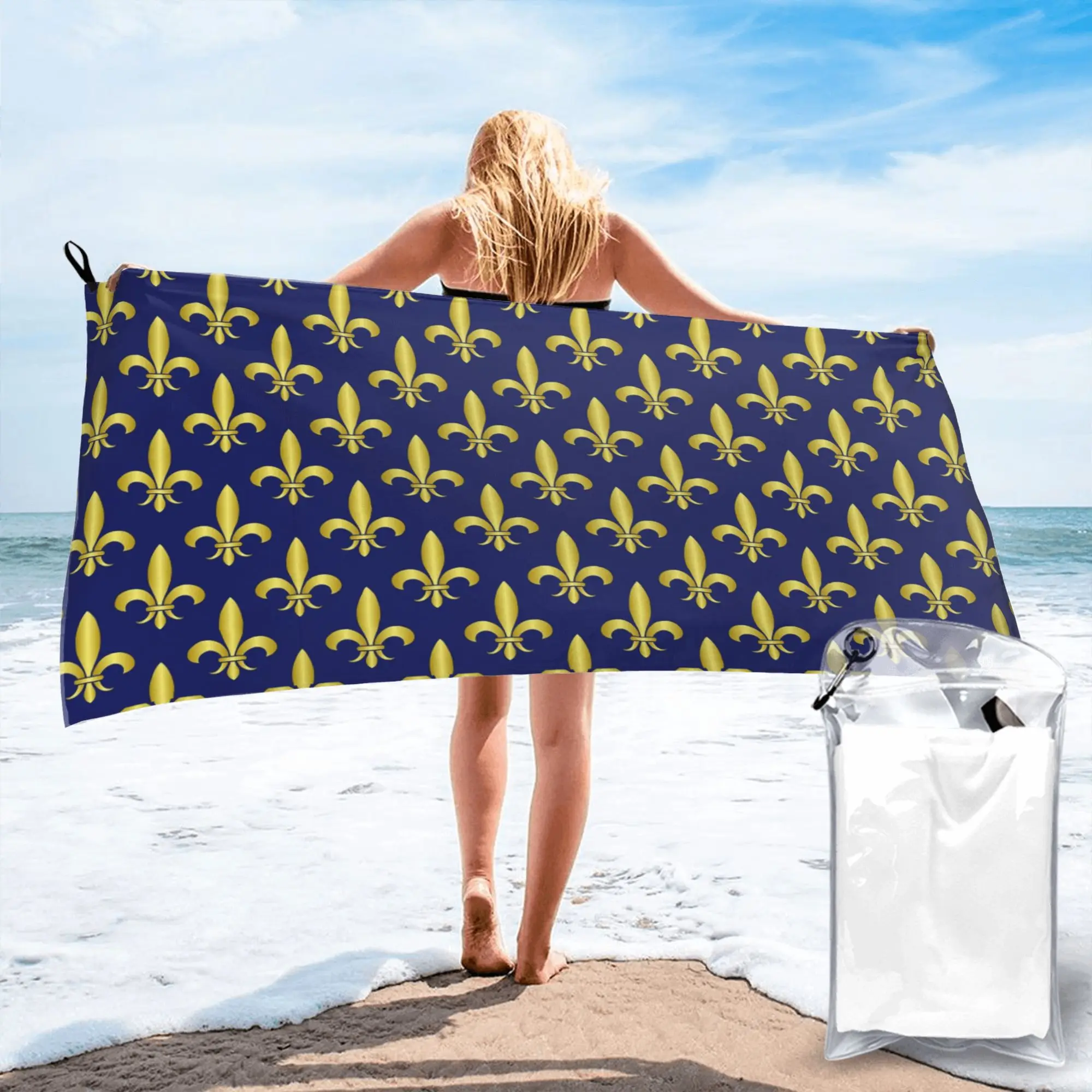 Gold Blue Fleur De Lis Royal Lily Beach Towel Soft Microfiber Quick Dry Absorbent Quick Towels For Pool