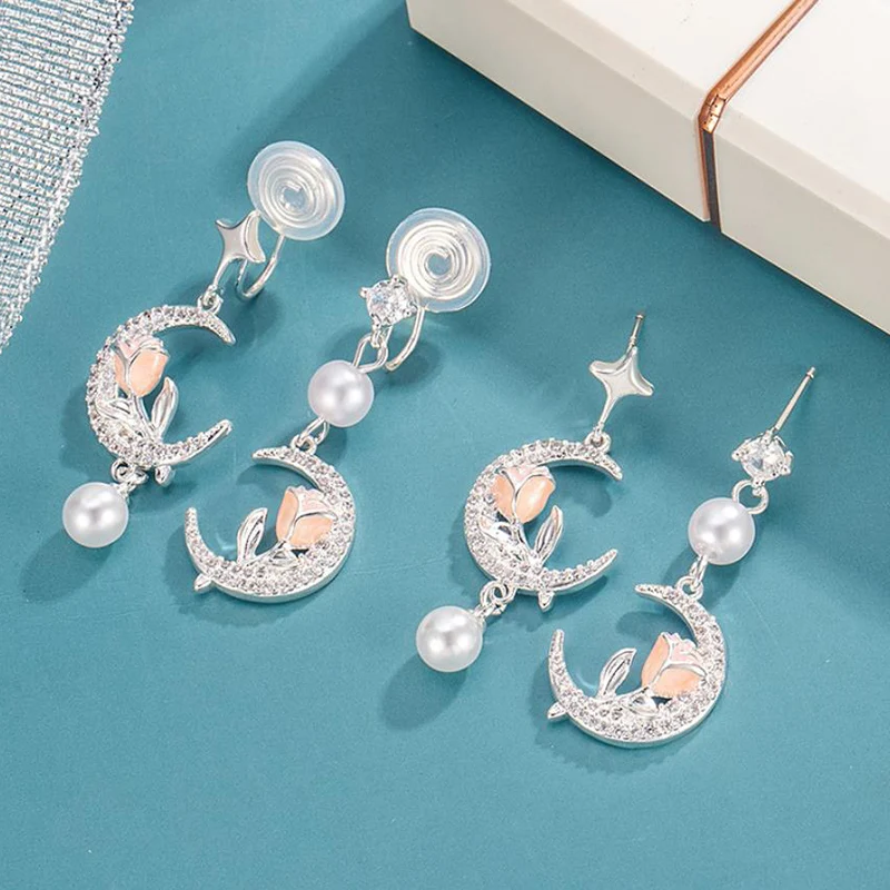 Romantic Rose Moon Pearl Tassel Earrings For Female Elegant Temperament 2026 New Inlaid Zircon Earring KOFSAC