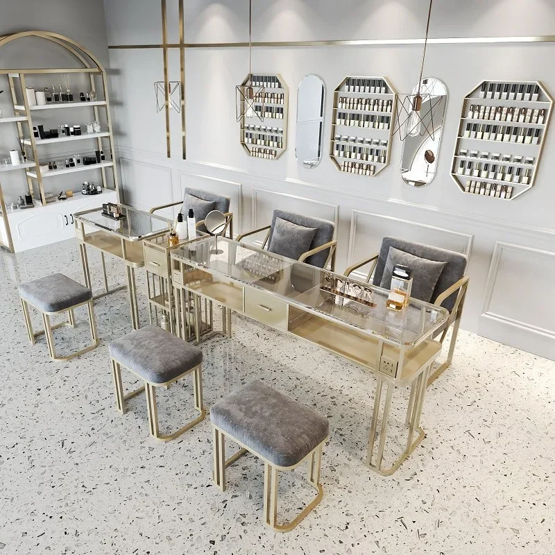 Premium Luxury Professional Nail Tables Women Modern Glass Makeup Drawer Nail Tables Simple
