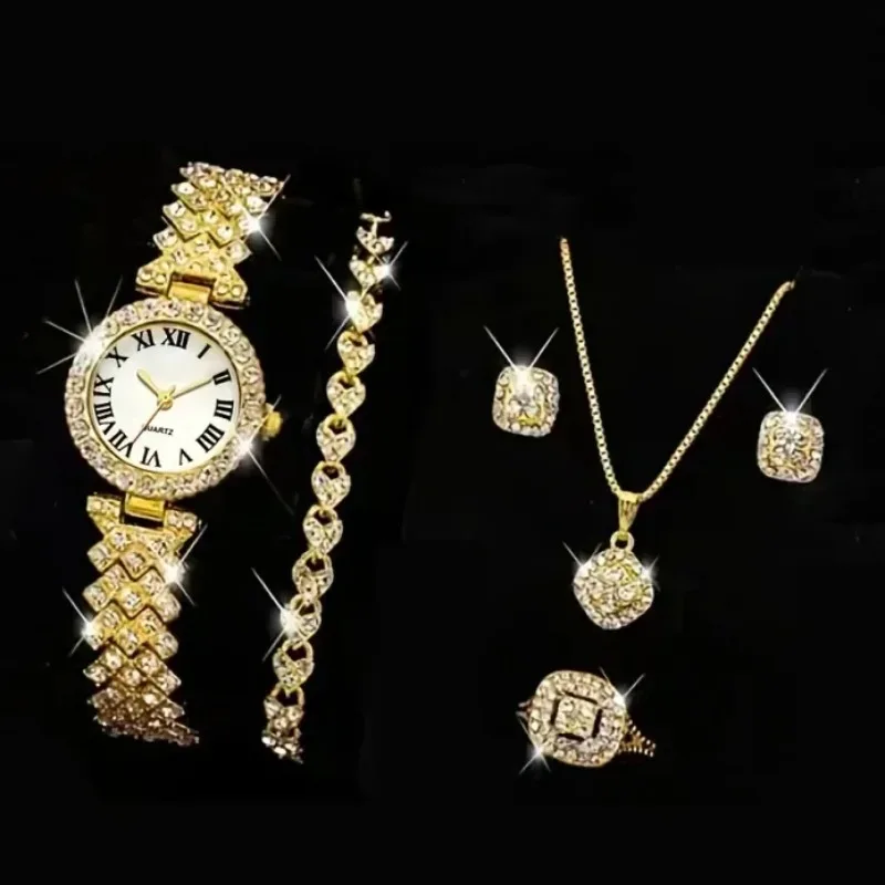 6pcs Set Rose Gold Luxury Watch for Women Ring Necklace Earring Rhinestone Fashion Quartz Wristwatches Casual Ladies Jewelry