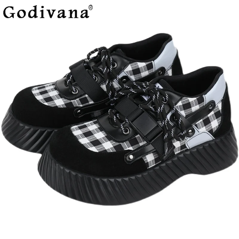

2025 New Japanese Original Lolita Platform Muffin Shoes Round Head Sweet Girl Plaid Lace-up Heightening Shoes