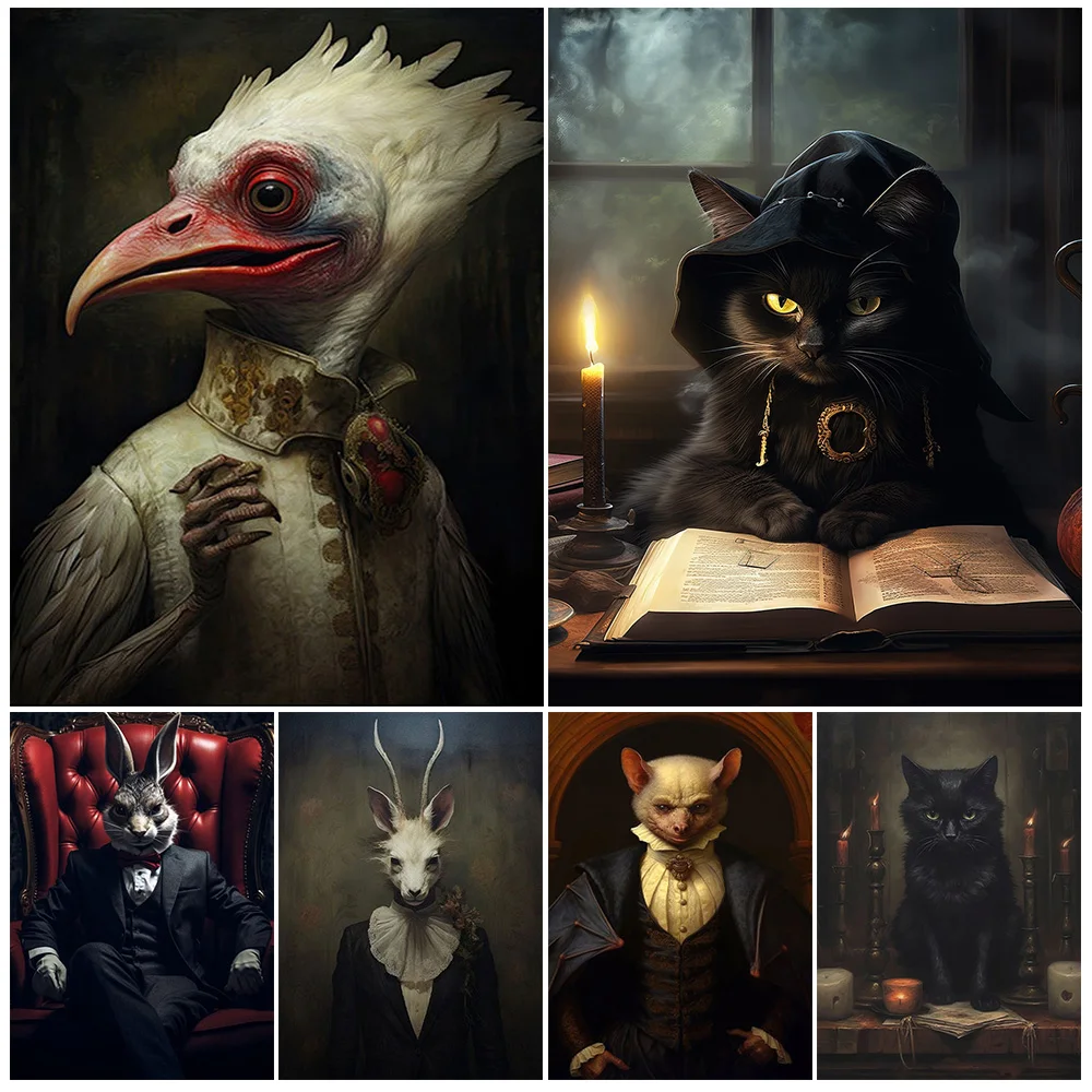Black Cat Witch,Gentleman Rabbit,Vampire Bat Witch,Wall Art Print,Whimsical Animals Art Poster Print,Dark Academia Decoration